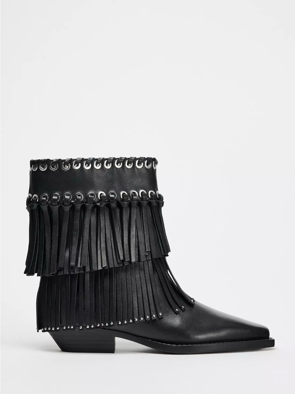 Zara Black Leather Fringe Ankle Boots with Eyelet Trim